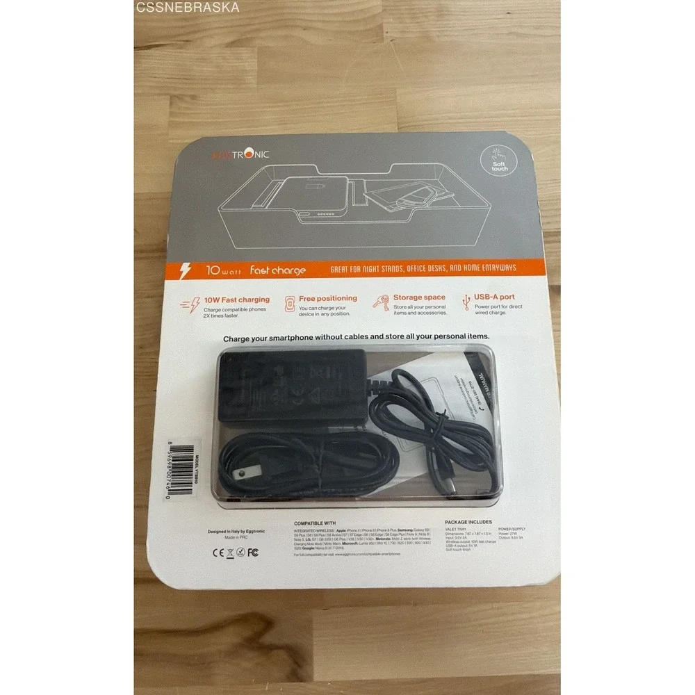 Eggtronic VTBB10 Wireless Charging Valet Tray 10W Fast Charge Qi‎ Black New